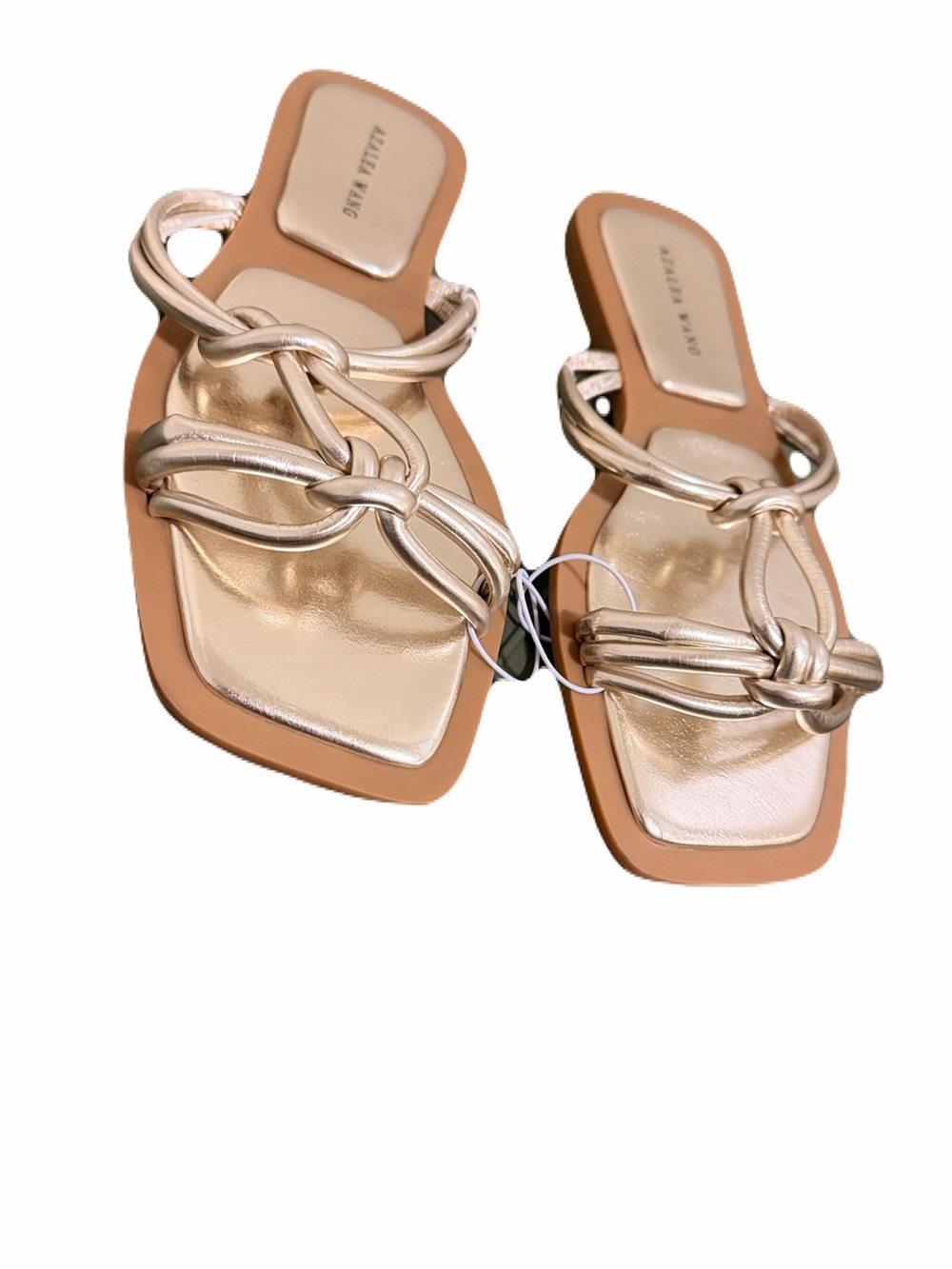 NWT Azalea Wang Stetson Metallic Gold Flat Slide Sandals Knotted Straps Square